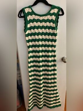 Misa Green and Cream Striped Sleeveless Dress - Medium